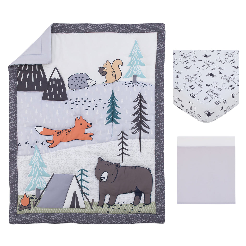 Woodland Friends Gray Multi Colored Bear and Fox, Squirrel, Tree, Tent, and Campfire 3 Piece Nursery Crib Bedding Set - Comforter, Fitted Crib Sheet, and Crib Skirt