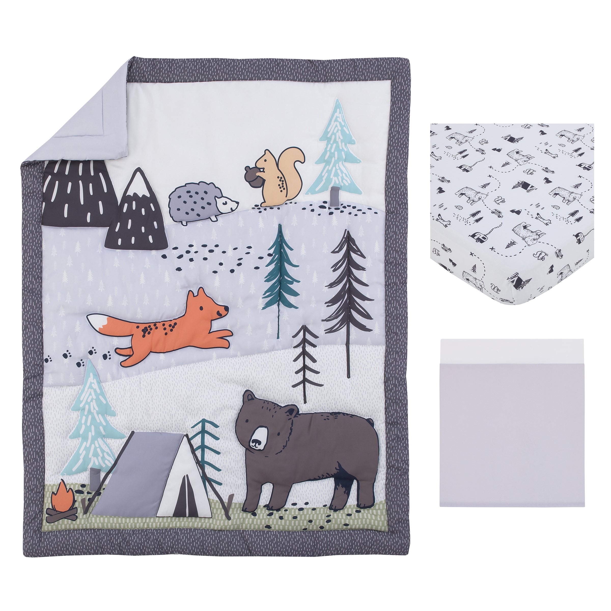 Woodland Friends Gray Multi Colored Bear and Fox, Squirrel, Tree, Tent, and Campfire 3 Piece Nursery Crib Bedding Set - Comforter, Fitted Crib Sheet, and Crib Skirt