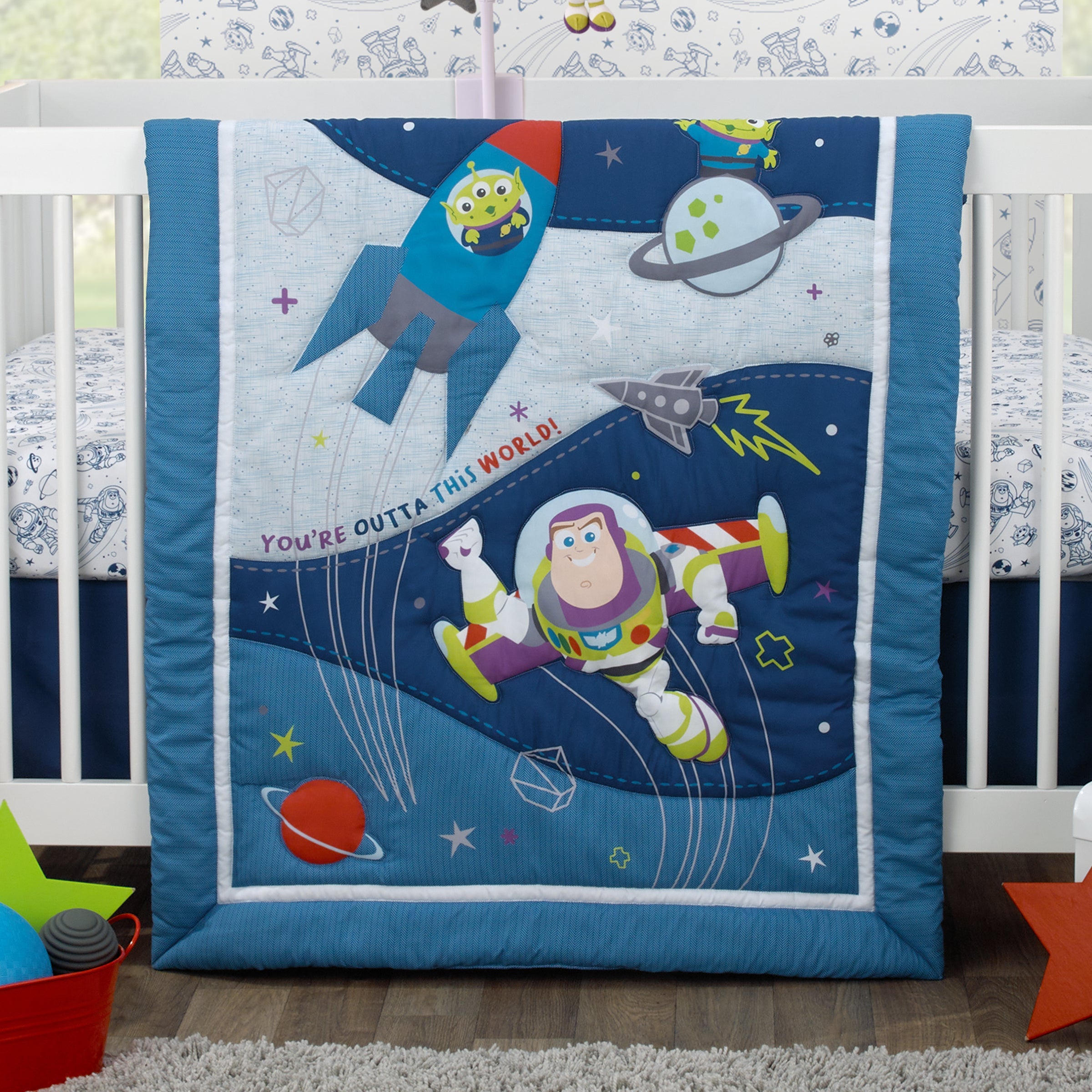 Toy Story Outta This World Blue and Gray Buzz Lightyear 4 Piece Nursery Crib Bedding Set - Comforter, Fitted Crib Sheet, Changing Pad Cover, and Crib Skirt