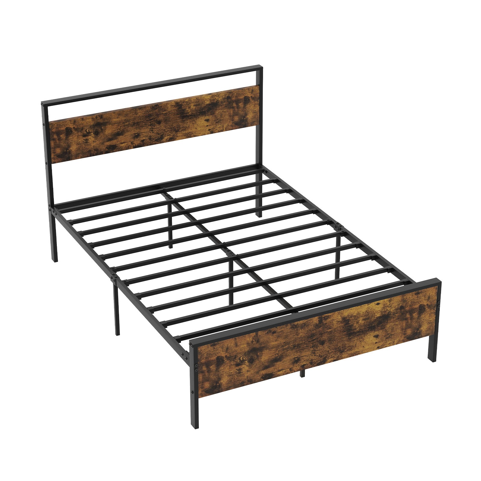 King Metal Bed Frame Industrial Platform Bed with Wooden Headboard