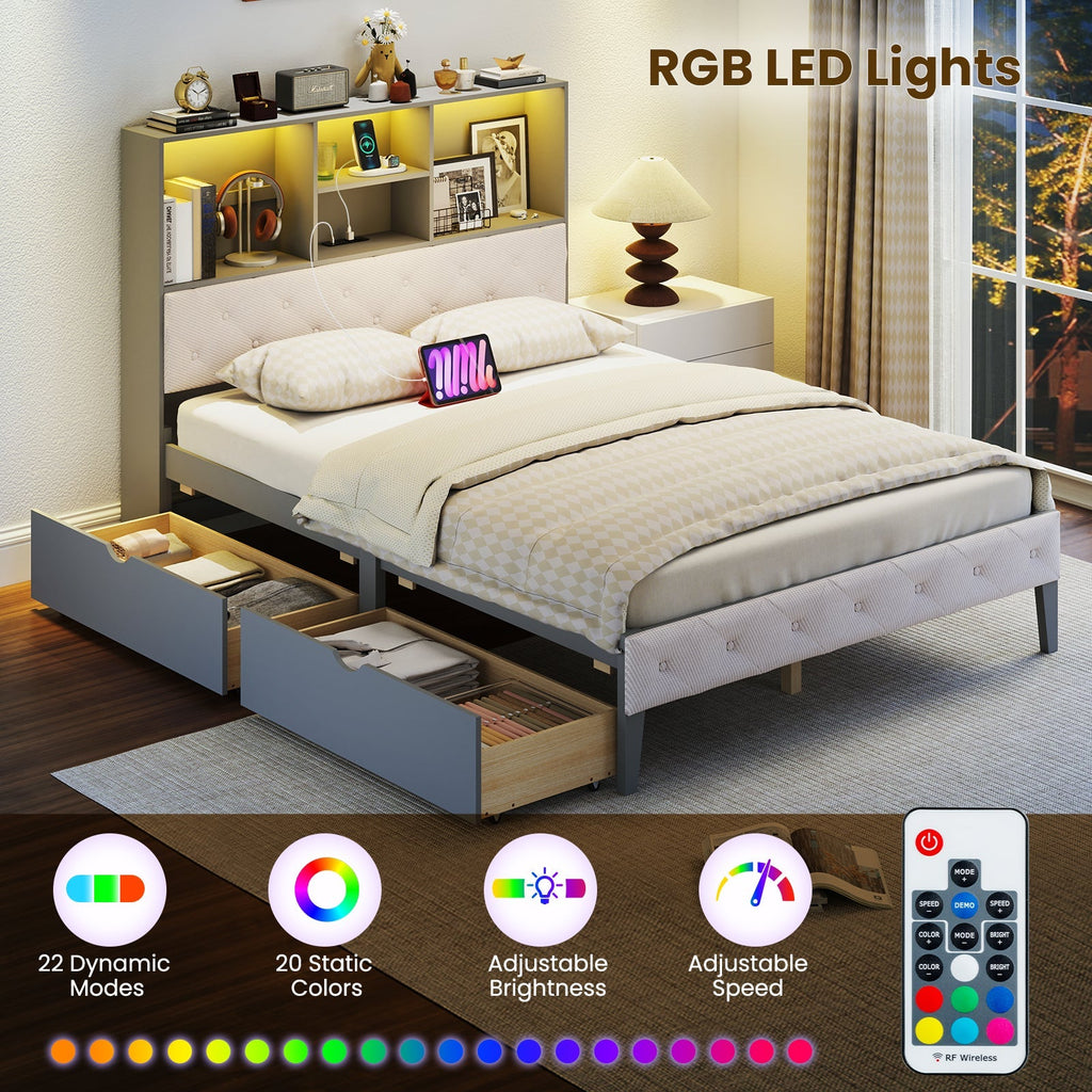 Full Size Bed Frame with Bookcase Headboard and LED Lights-Gray