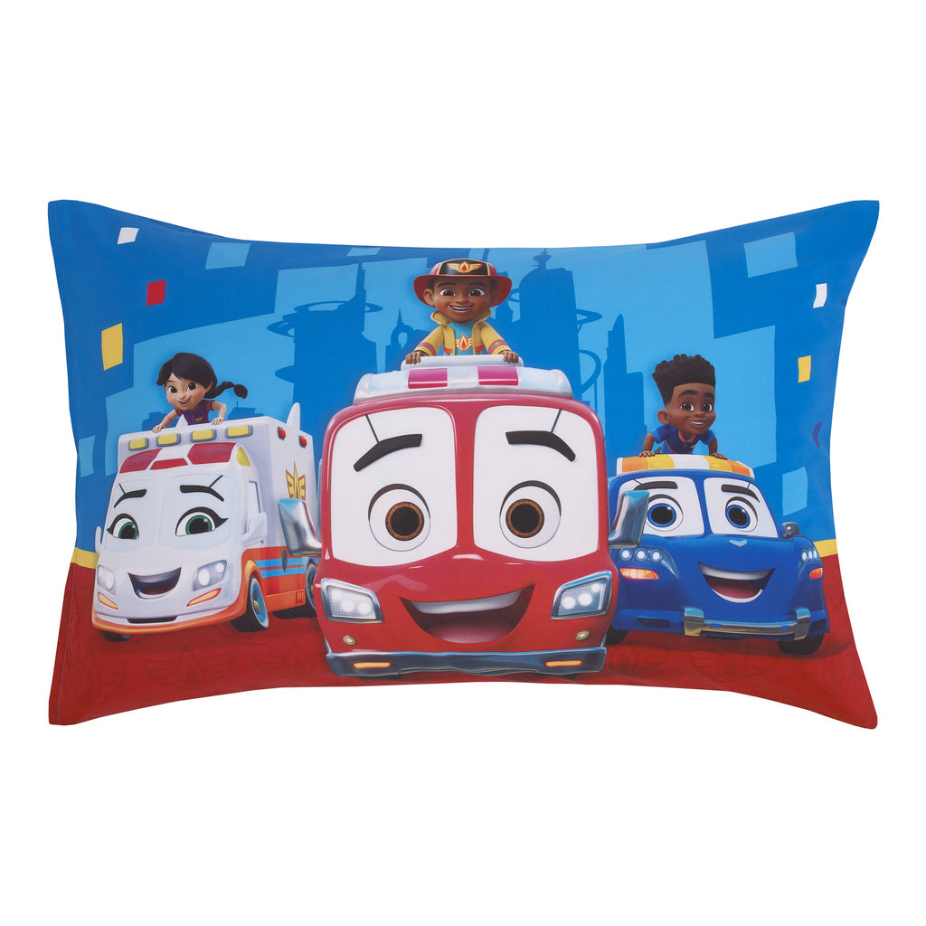 Firebuds Let's Roll Red, Blue, and Yellow First Responders 4 Piece Toddler Bed Set - Comforter, Fitted Bottom Sheet, Flat Top Sheet, and Reversible Pillowcase
