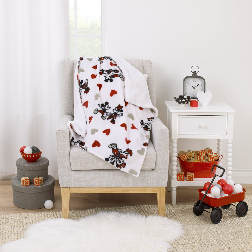 Mickey Mouse & Minnie Mouse Red, Gray, and White Valentine Hearts Super Soft Sherpa Baby Blanket