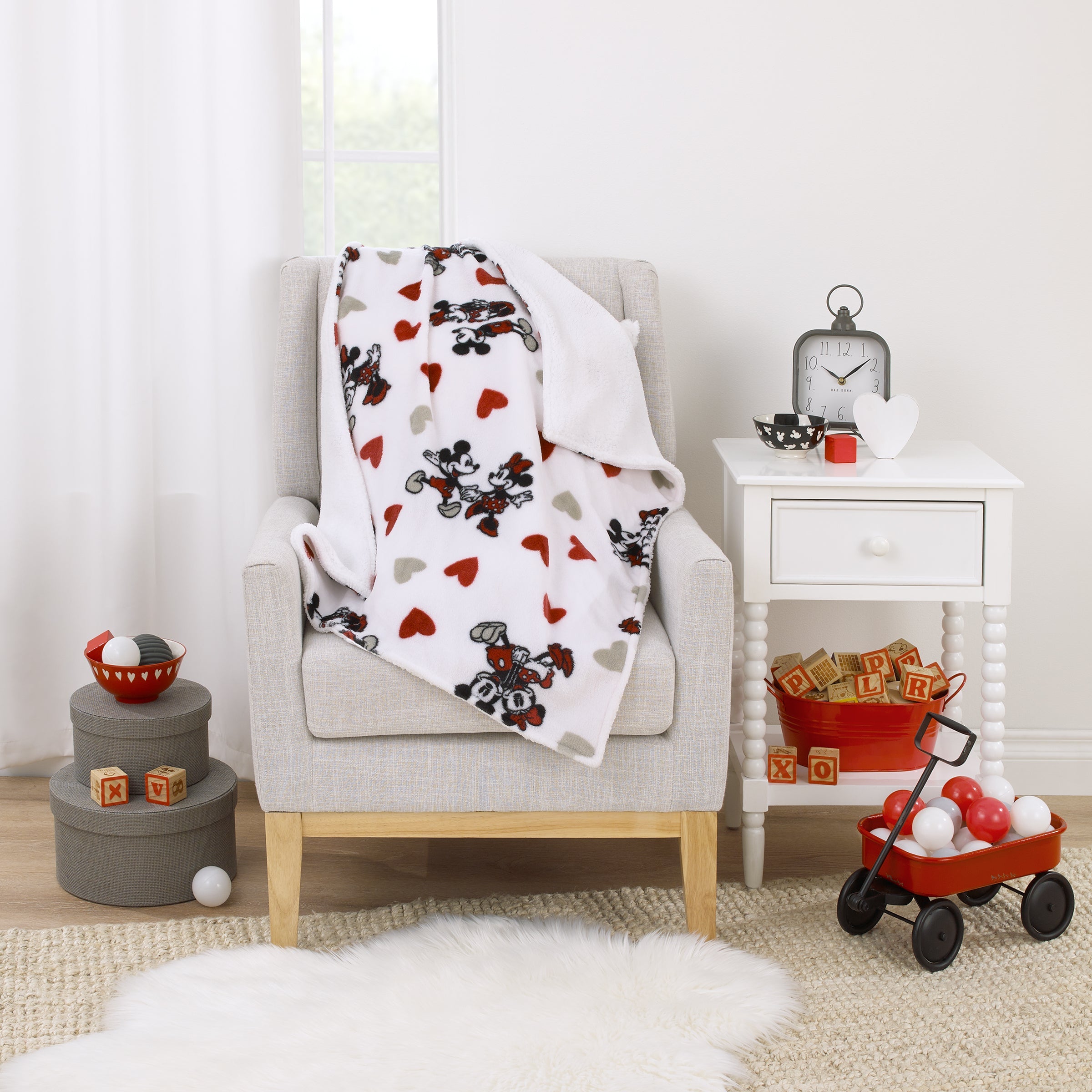 Mickey Mouse & Minnie Mouse Red, Gray, and White Valentine Hearts Super Soft Sherpa Baby Blanket