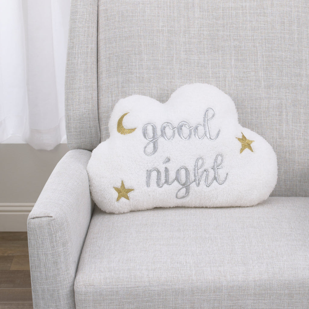White Cloud with Gold and Silver Embroidery "Good Night" Decorative Pillow with Moon and Stars