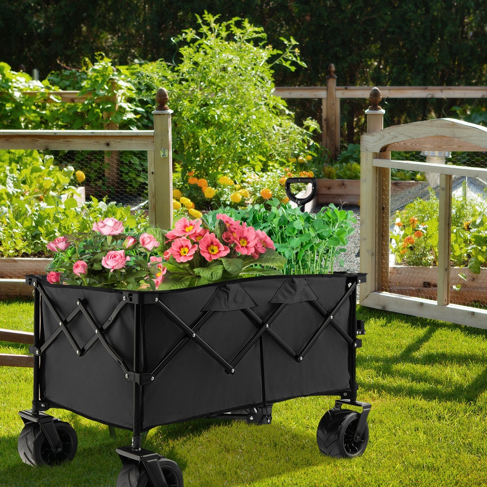Folding Utility Garden Cart with Wide Wheels and Adjustable Handle