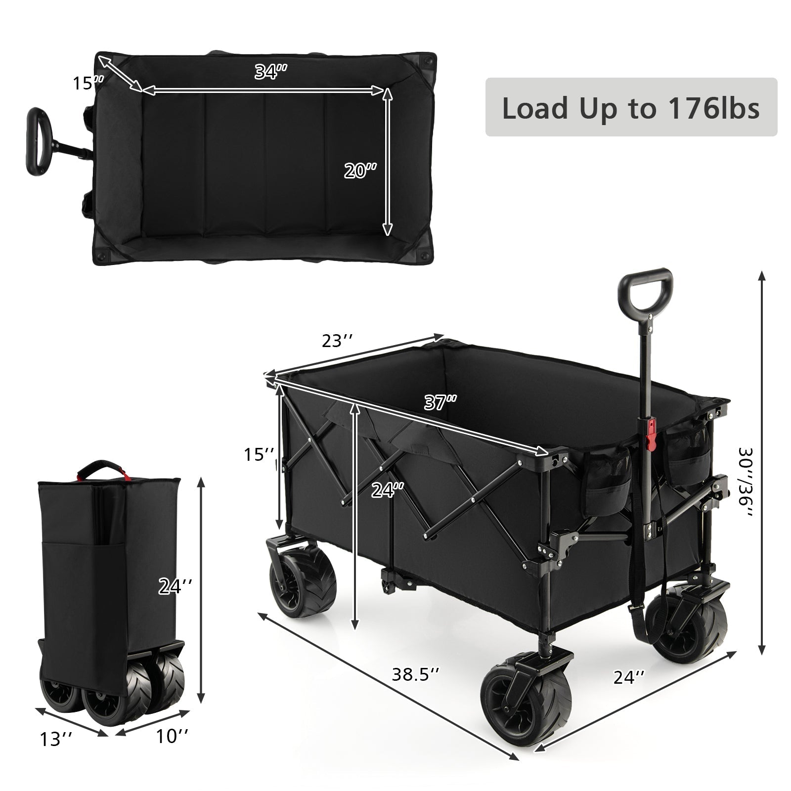 Folding Utility Garden Cart with Wide Wheels and Adjustable Handle