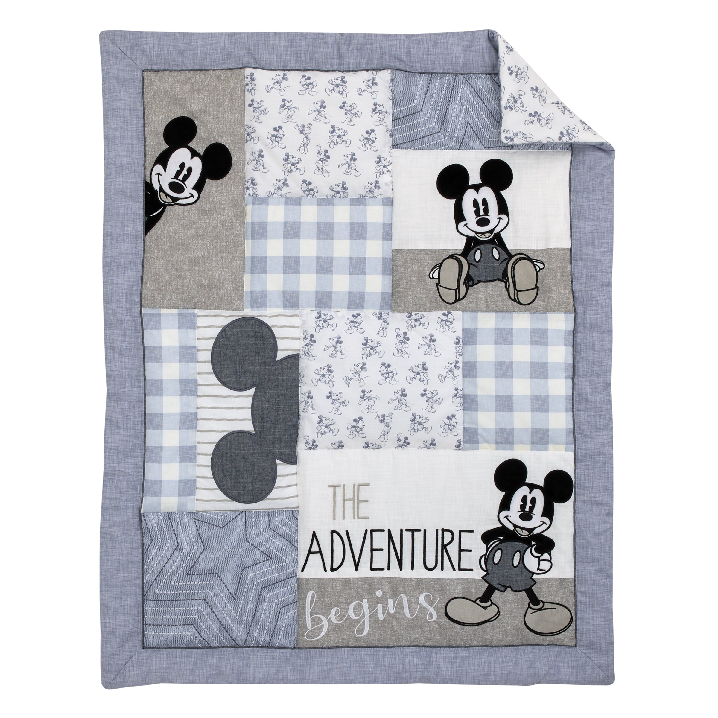 Mickey Mouse - Call Me Mickey Blue, White, and Gray The Adventure Begins Stars and Gingham 3 Piece Nursery Crib Bedding Set - Comforter, 100% Cotton Fitted Crib Sheet, and Crib Skirt