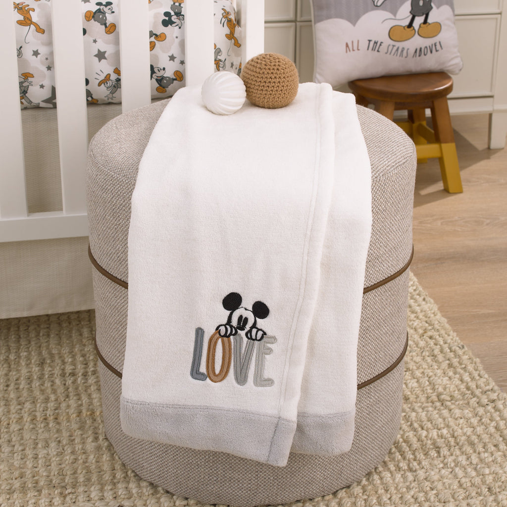 Mickey Mouse Love Mickey White, Gray, and Tan Love Applique Super Soft Baby Blanket
