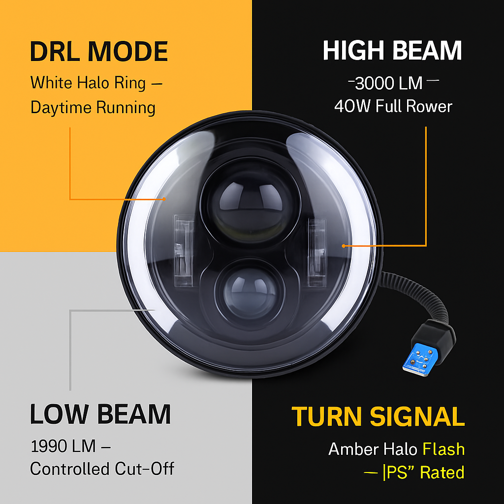 7In Round LED Headlight with Halo DRL and Turn