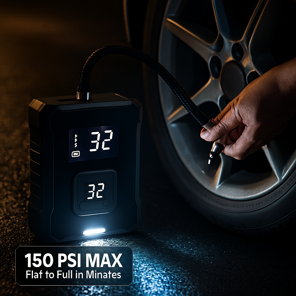 Cordless Tire Inflator with Car Charger and LED Light