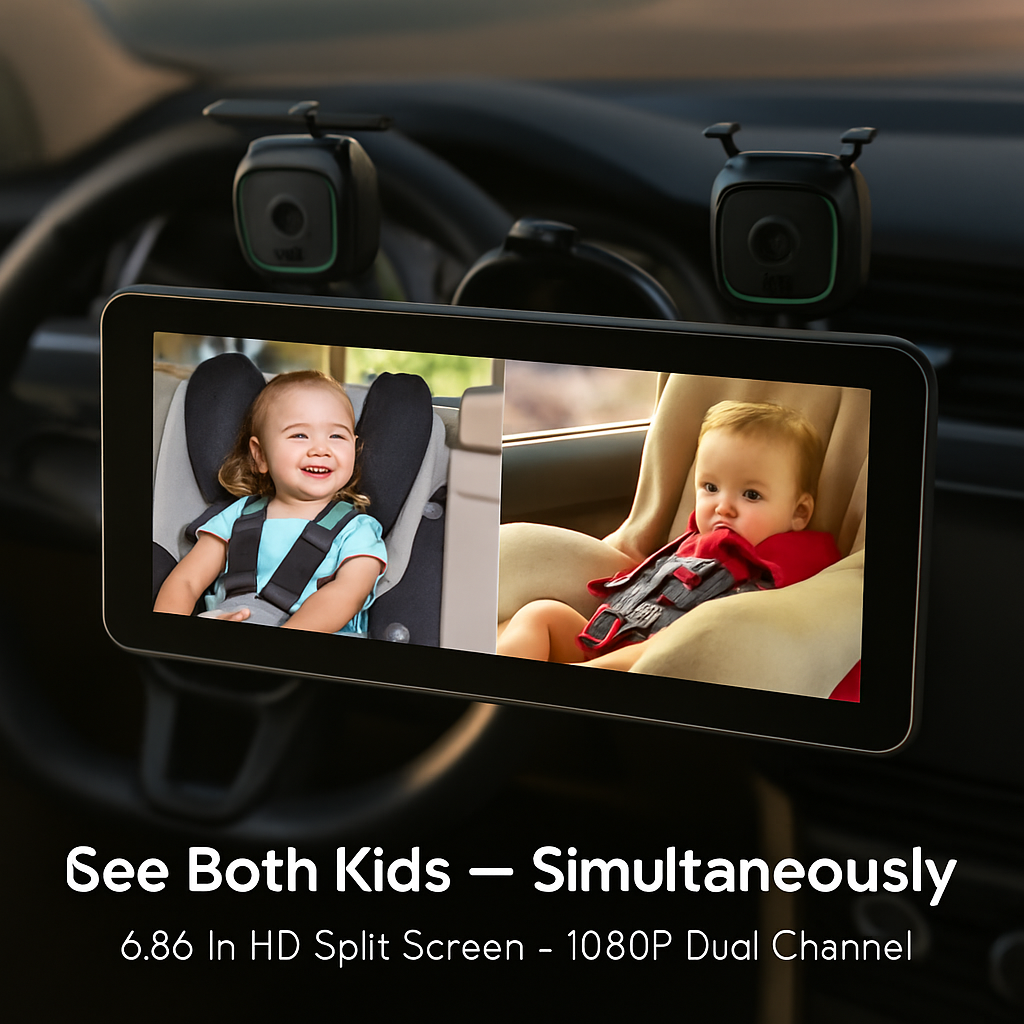1080P Baby Car Camera for 2 Kids Dual Channel Car Baby Monitor Rear Facing Car Seat Camera with 120°Wide View 6.86In HD Split Screen Night Vision