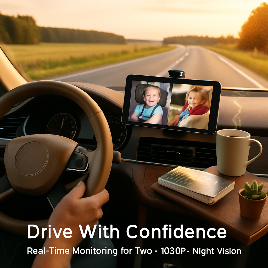 1080P Baby Car Camera for 2 Kids Dual Channel Car Baby Monitor Rear Facing Car Seat Camera with 120°Wide View 6.86In HD Split Screen Night Vision