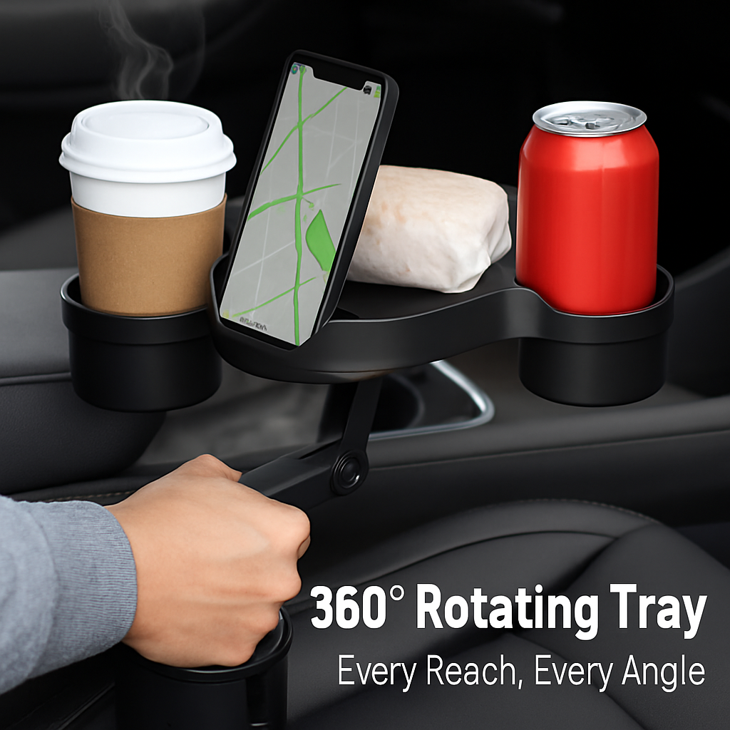 Car Cup Holder Expander 360° Rotating Tray with Phone