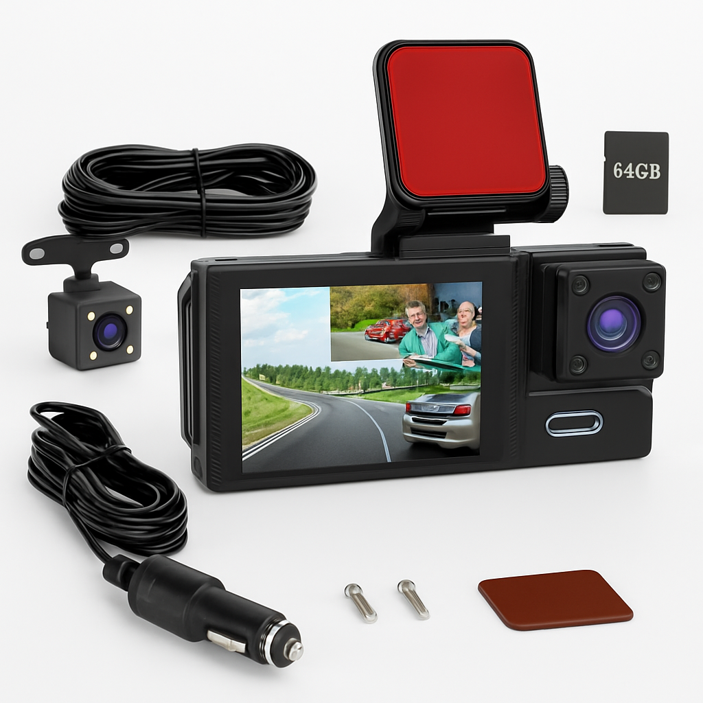 WiFi FHD 1080P Car Dash Cam 3 Channels Front Rear Inside Dash Camera with Loop Recording Reversing Image Night Vision 170° Wide Angle Support 64G MMC
