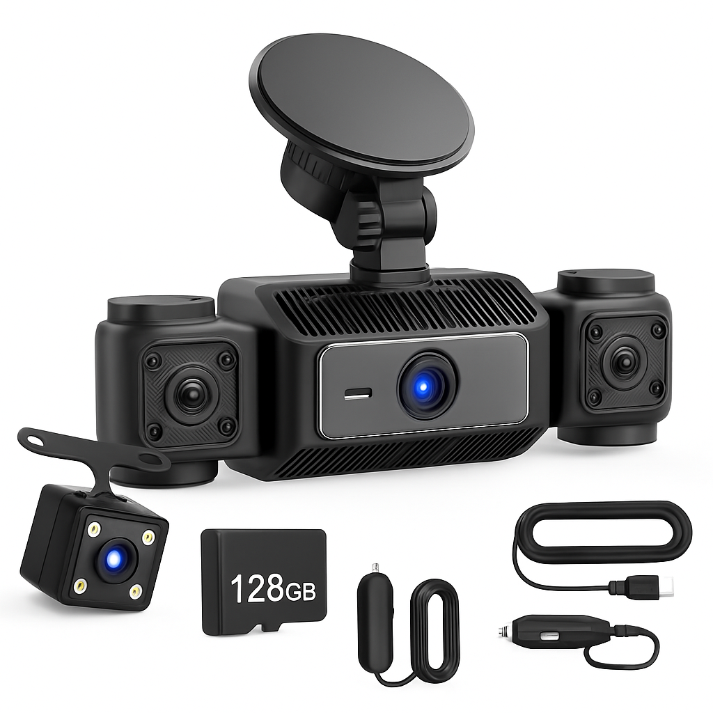 4 Channel Car Dash Cam with 128G MMC Card 1080P Front 720P Left Right 480P Rear G-Sensor Parking Monitor Loop Recording Night Vision 360° Surveillance