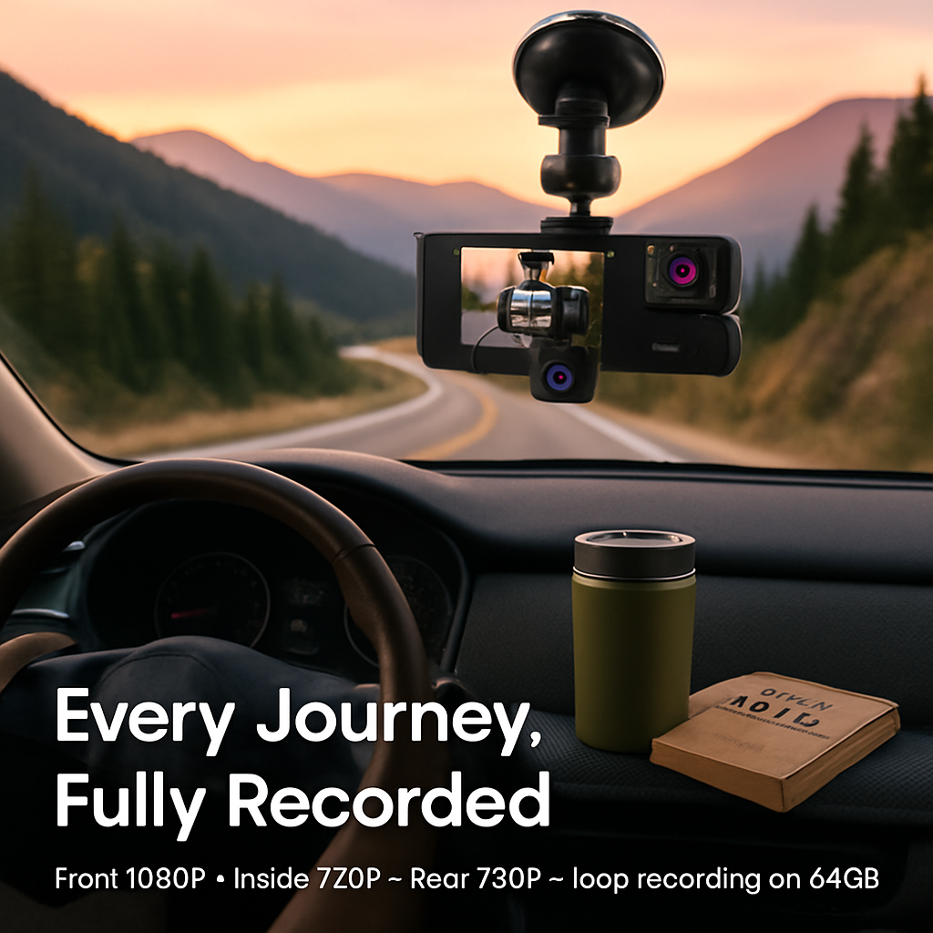 Car Dash Cam 3-Channel Front Inside Rear
