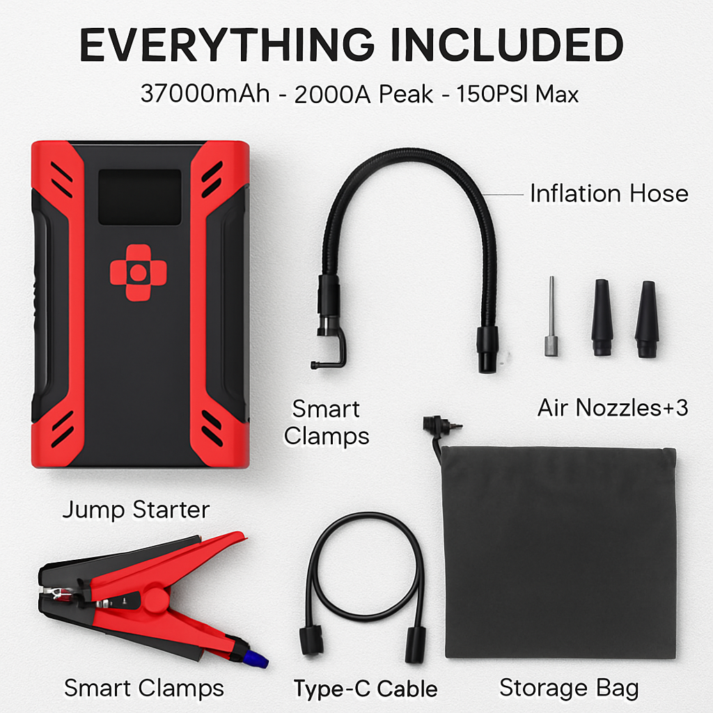 Car Jump Starter with Air Compressor - 12V Vehicle Booster