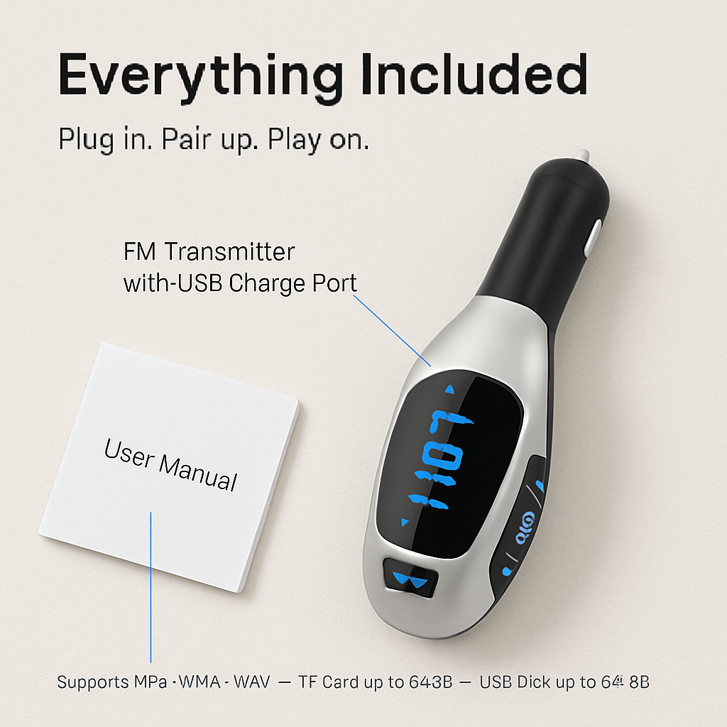 Car FM Wireless Transmitter USB Charge Hands-free Call MP3 Player Supports U Disk TF Card Reading
