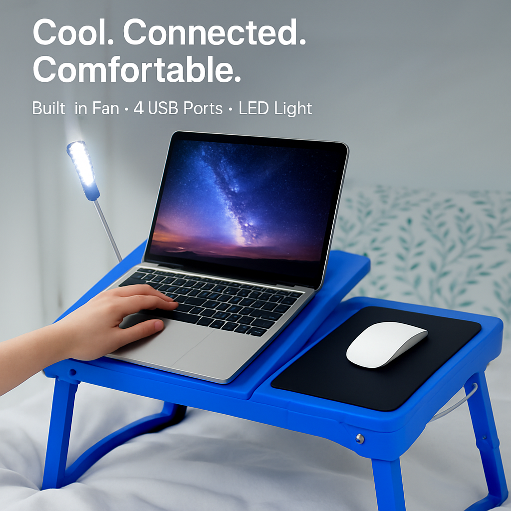 Foldable Laptop Table Bed Notebook Desk w/Cooling Fan Mouse Board LED light 4 x USB Ports Breakfast Snacking Tray with Storage Groove For Home Office
