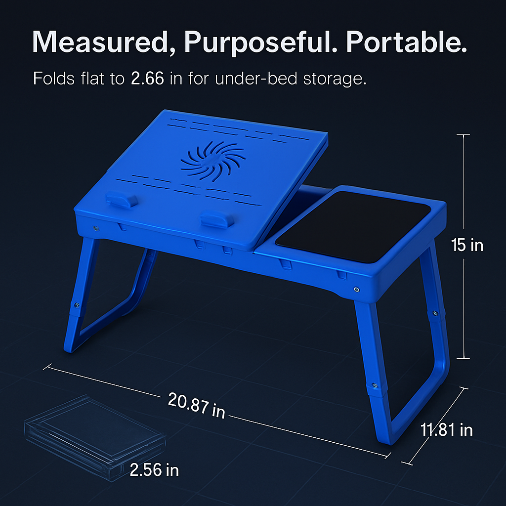 Foldable Laptop Table Bed Notebook Desk w/Cooling Fan Mouse Board LED light 4 x USB Ports Breakfast Snacking Tray with Storage Groove For Home Office