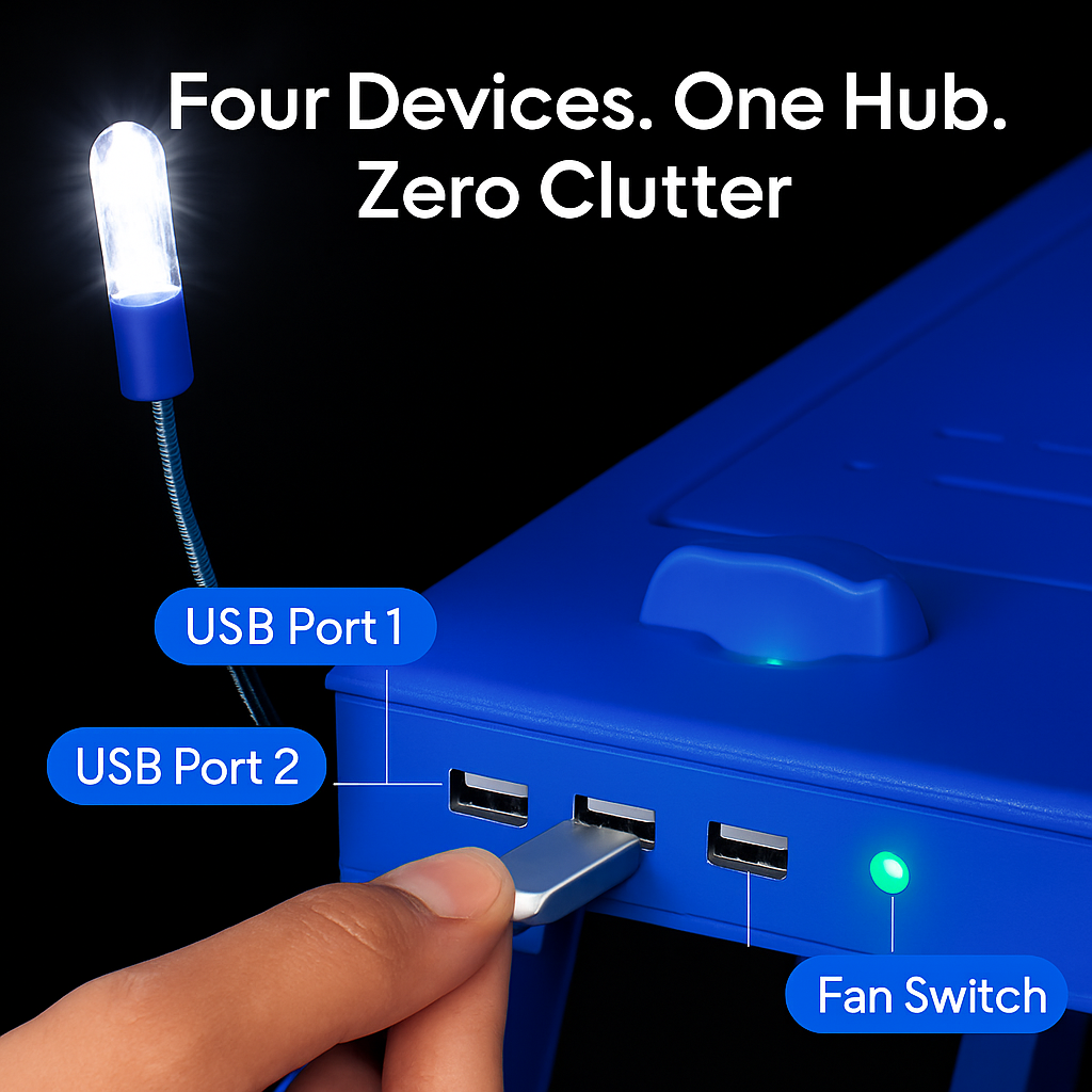 Foldable Laptop Table Bed Notebook Desk w/Cooling Fan Mouse Board LED light 4 x USB Ports Breakfast Snacking Tray with Storage Groove For Home Office