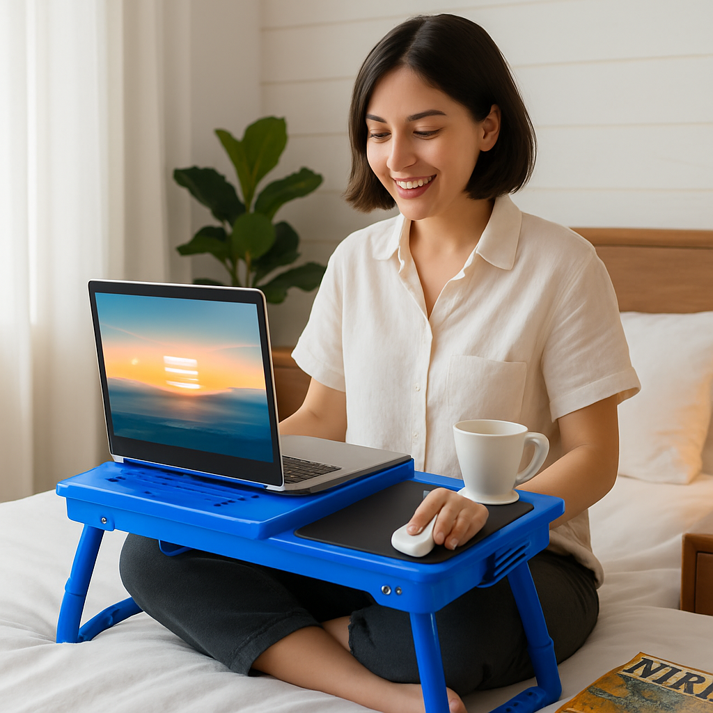 Foldable Laptop Table Bed Notebook Desk w/Cooling Fan Mouse Board LED light 4 x USB Ports Breakfast Snacking Tray with Storage Groove For Home Office