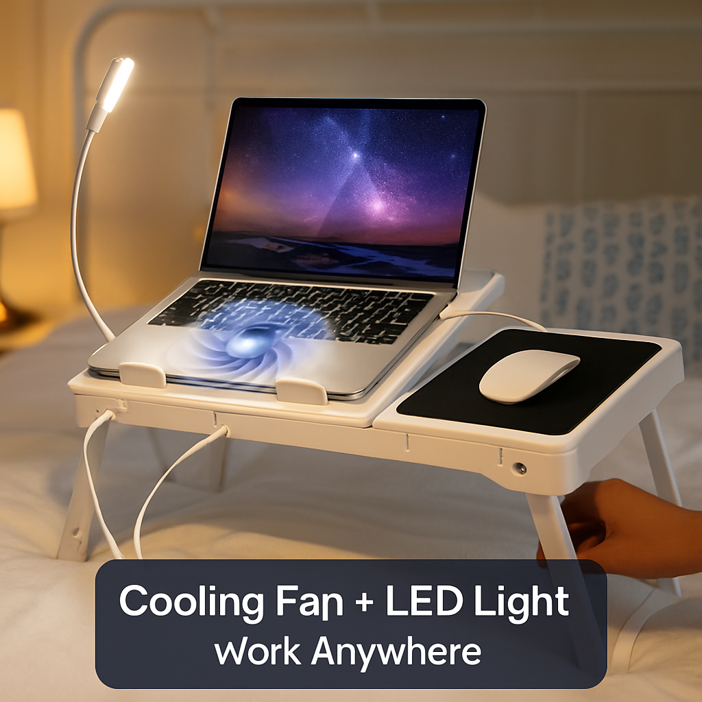 Foldable Laptop Table Bed Notebook Desk w/Cooling Fan Mouse Board LED light 4 x USB Ports Breakfast Snacking Tray with Storage Groove For Home Office