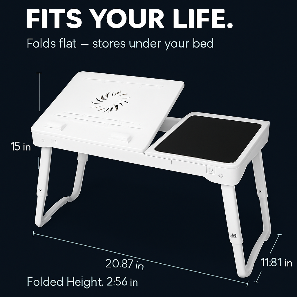 Foldable Laptop Table Bed Notebook Desk w/Cooling Fan Mouse Board LED light 4 x USB Ports Breakfast Snacking Tray with Storage Groove For Home Office