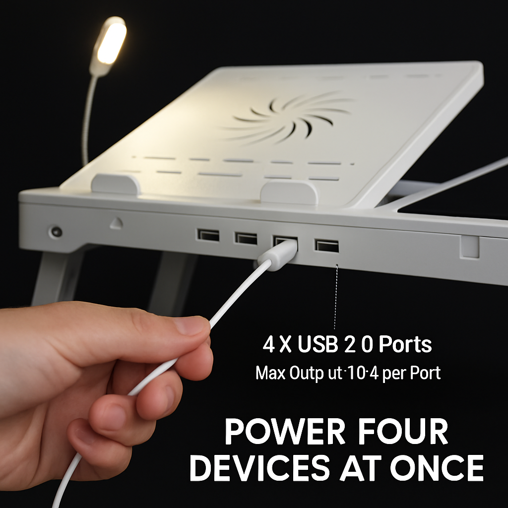 Foldable Laptop Table Bed Notebook Desk w/Cooling Fan Mouse Board LED light 4 x USB Ports Breakfast Snacking Tray with Storage Groove For Home Office