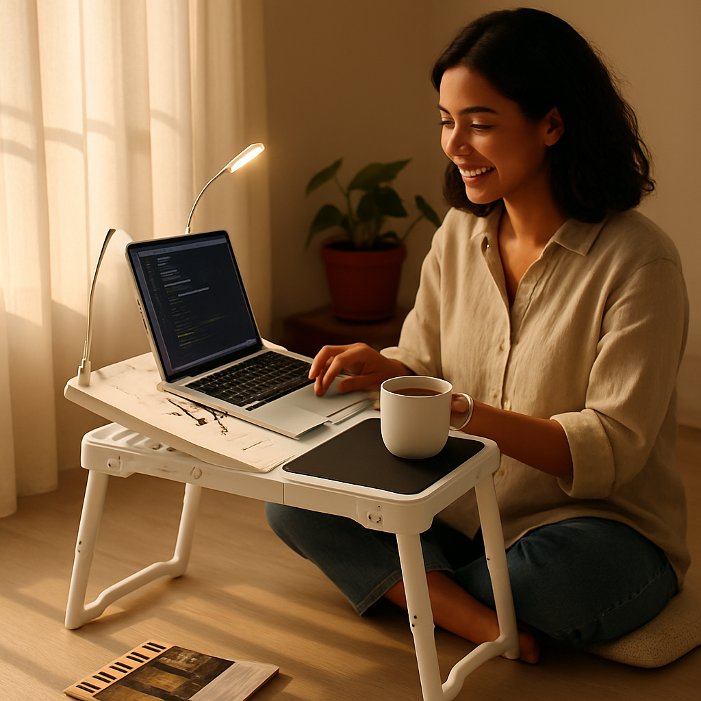 Foldable Laptop Table Bed Notebook Desk w/Cooling Fan Mouse Board LED light 4 x USB Ports Breakfast Snacking Tray with Storage Groove For Home Office