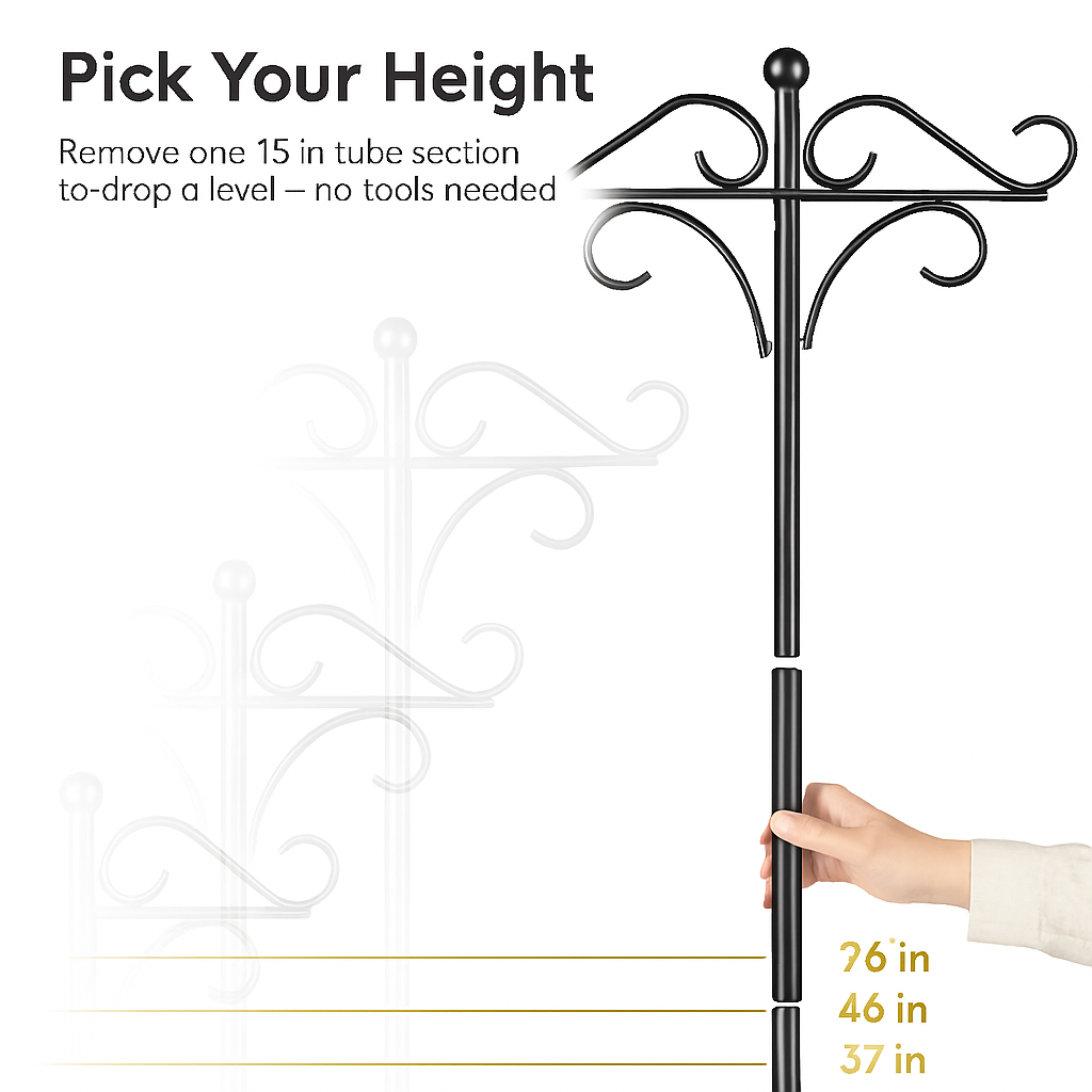 2 Packs 91in Heavy Duty Double Shepherds Hook Bird Feeder Pole Garden Hanging Holder with 5 Adjustable Height 5 Prong Base for Bird Feeder Garden Plan
