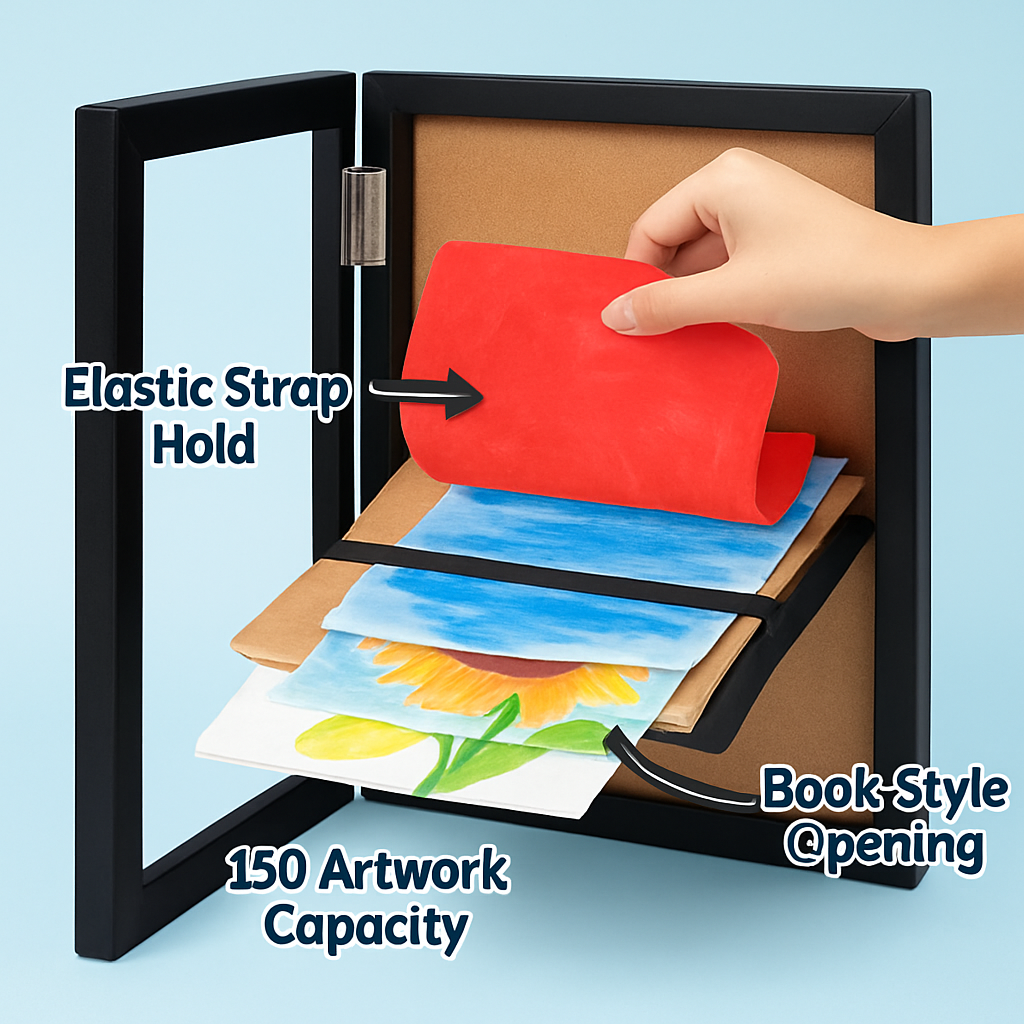 Kids Art Frame - Front-Opening Wooden Display for Artwork