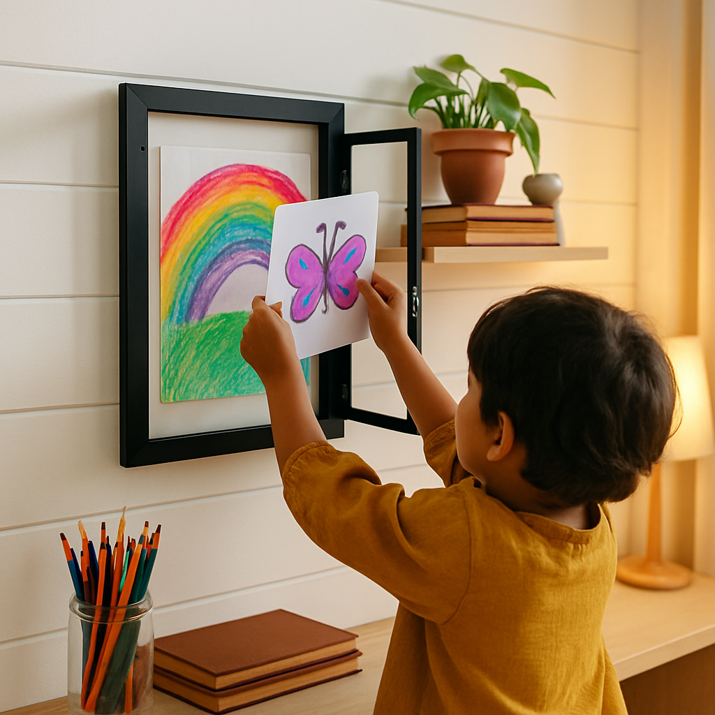 Kids Art Frame - Front-Opening Wooden Display for Artwork