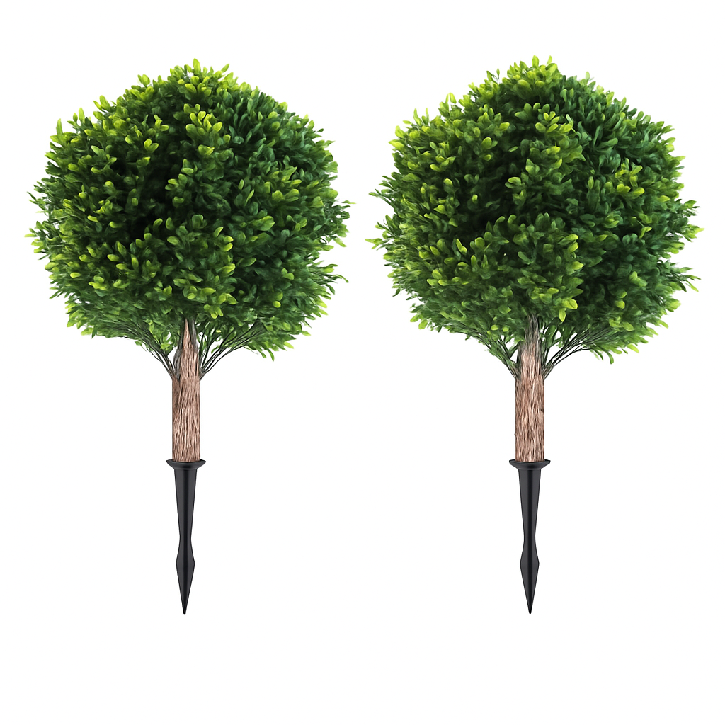 2 Packs Faux Boxwood Ball Trees Artificial Peanut Topiary Tree UV Resistant Artificial Shrubs Fake Plants Evergreen Artificial Bush with Ground Spike