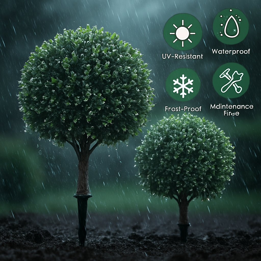 2 Packs Faux Boxwood Ball Trees Artificial Peanut Topiary Tree UV Resistant Artificial Shrubs Fake Plants Evergreen Artificial Bush with Ground Spike