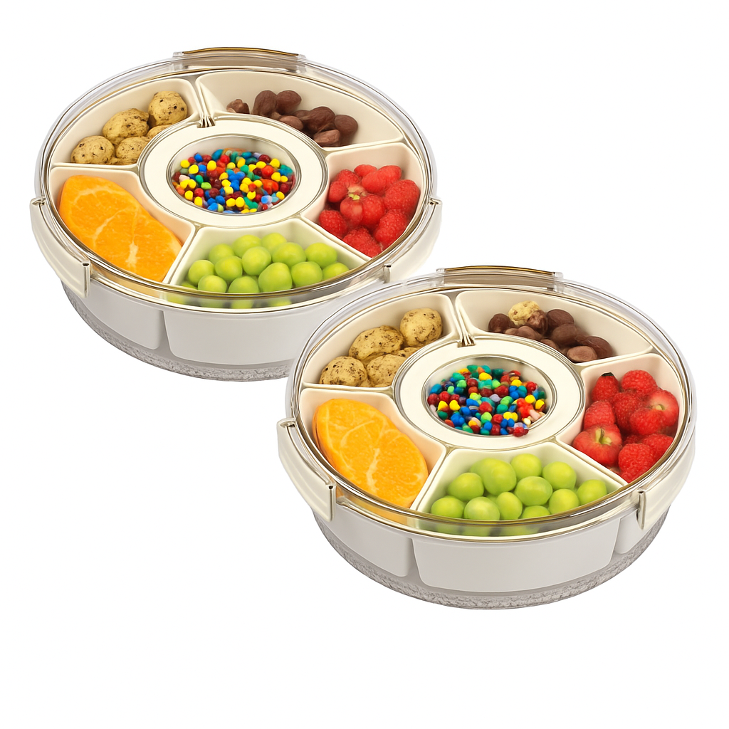 Divided Serving Tray with Lid and Handle - Rotatable Base