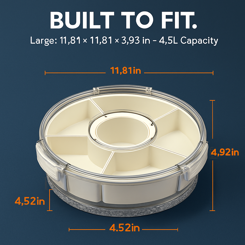 Divided Serving Tray with Lid and Handle - Rotatable Base