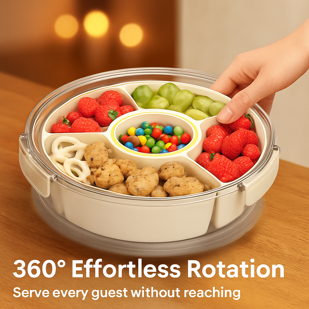 Divided Serving Tray with Lid and Handle - Rotatable Base