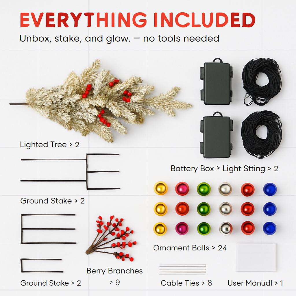 2Pcs Battery Powered Lighted Christmas Tree Urn Filler With Light Artificial Xmas Trees Light with Berries Balls LED Pathway Pine Tree IP44 Waterproof