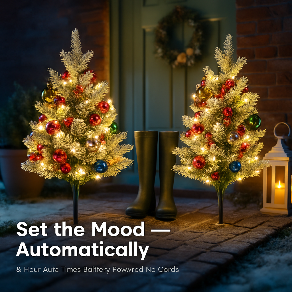 2Pcs Battery Powered Lighted Christmas Tree Urn Filler With Light Artificial Xmas Trees Light with Berries Balls LED Pathway Pine Tree IP44 Waterproof