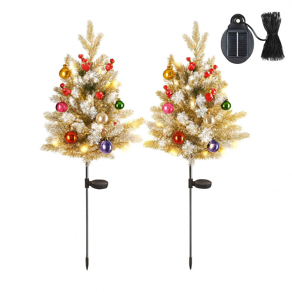 2Pcs Battery Powered Lighted Christmas Tree Urn Filler With Light Artificial Xmas Trees Light with Berries Balls LED Pathway Pine Tree IP44 Waterproof