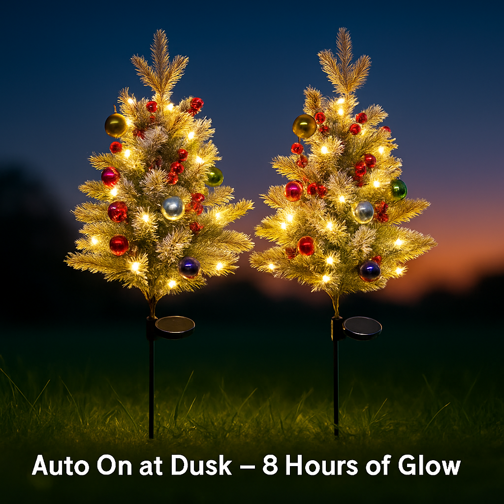 2Pcs Battery Powered Lighted Christmas Tree Urn Filler With Light Artificial Xmas Trees Light with Berries Balls LED Pathway Pine Tree IP44 Waterproof