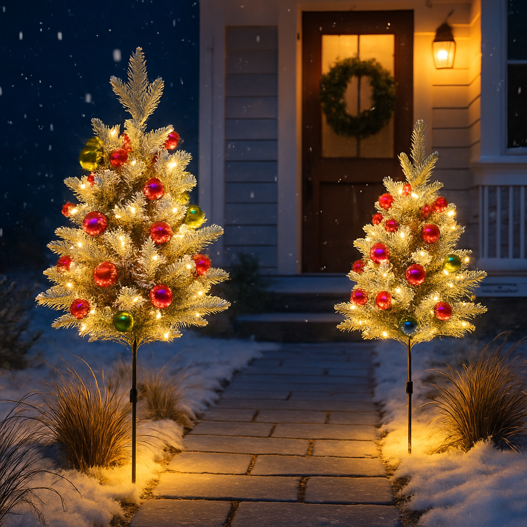 2Pcs Battery Powered Lighted Christmas Tree Urn Filler With Light Artificial Xmas Trees Light with Berries Balls LED Pathway Pine Tree IP44 Waterproof