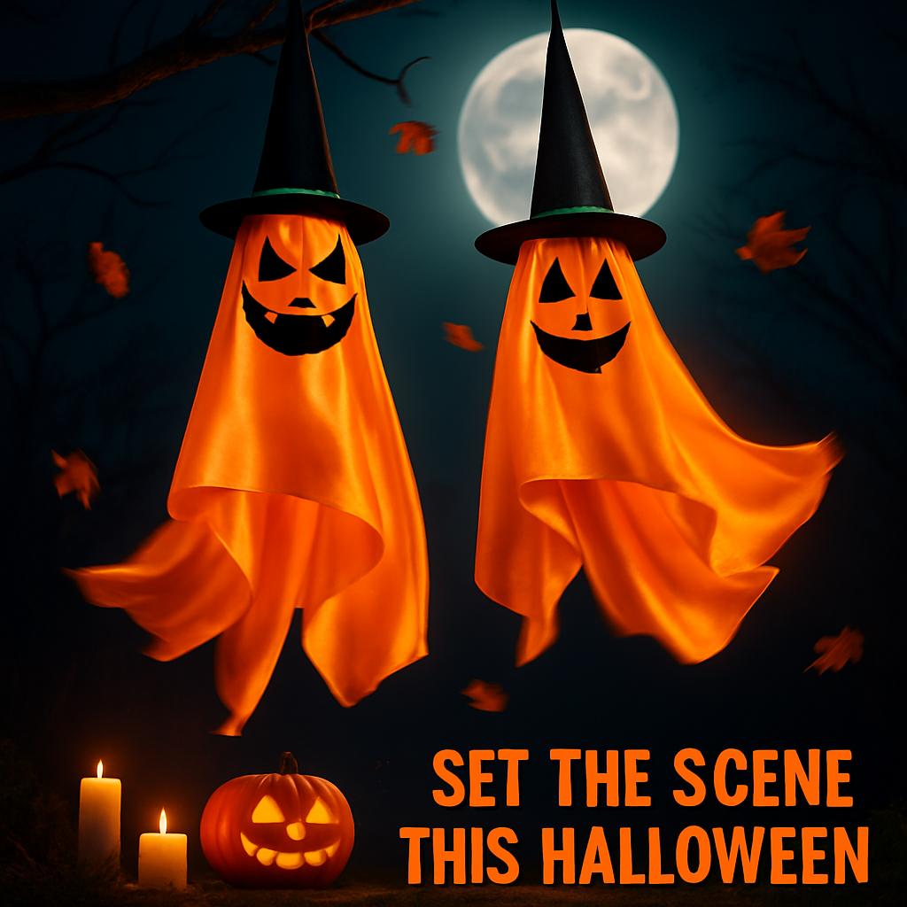 Hanging Ghosts with Wizard Hat - 2 Pack Halloween Decor
