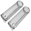 2Pcs 3.42x11.61Inch Portable BBQ Rolling Basket Round Stainless Steel Grill Mesh Barbecue Net Tube with Removable Cover Outdoor Camping