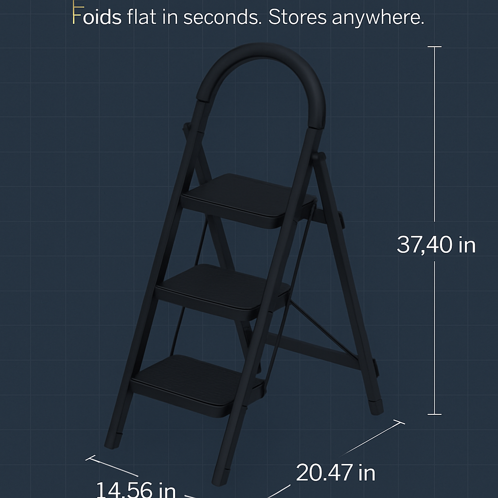 3-Step Foldable Ladder with Wide Pedals and Locking Safety