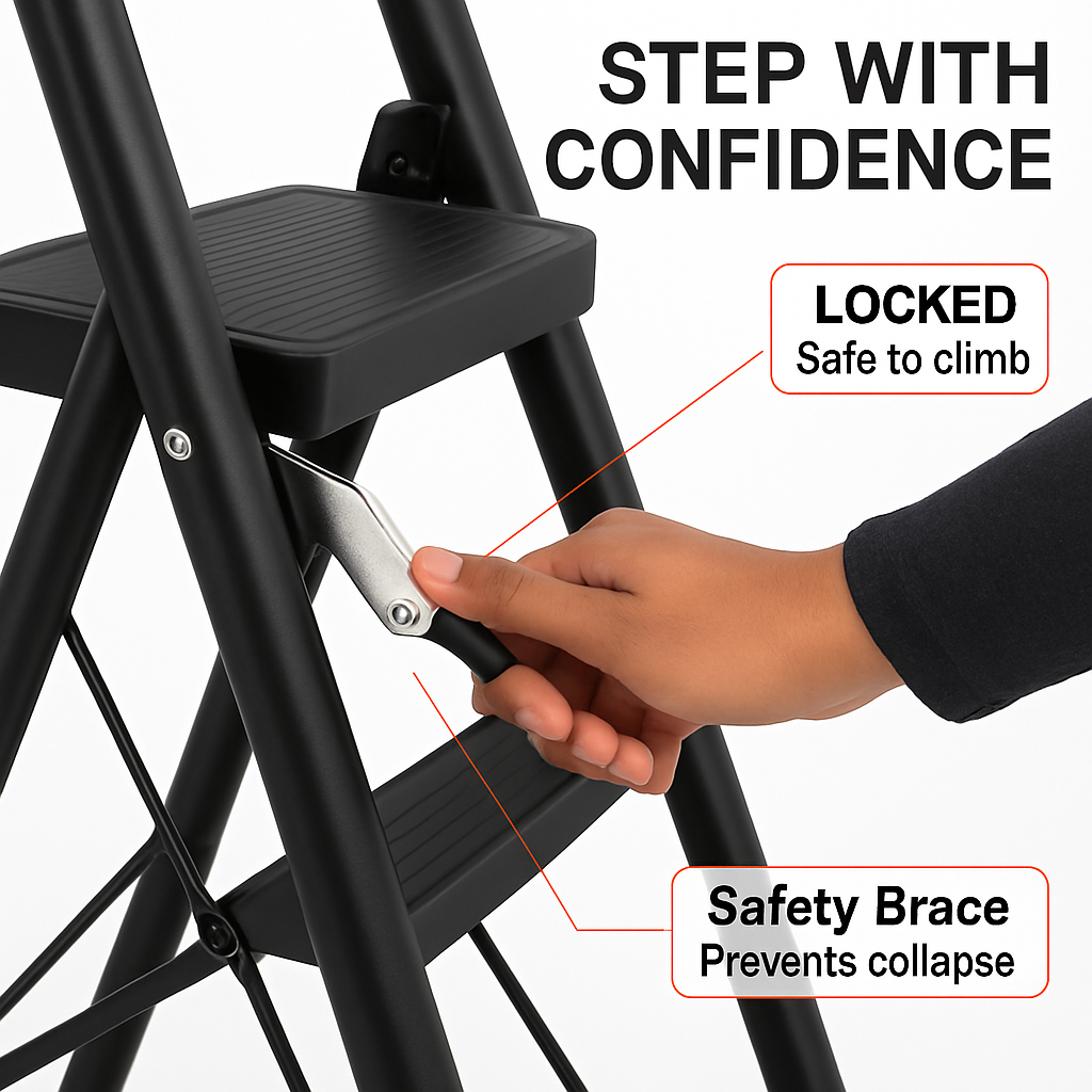 3-Step Foldable Ladder with Wide Pedals and Locking Safety
