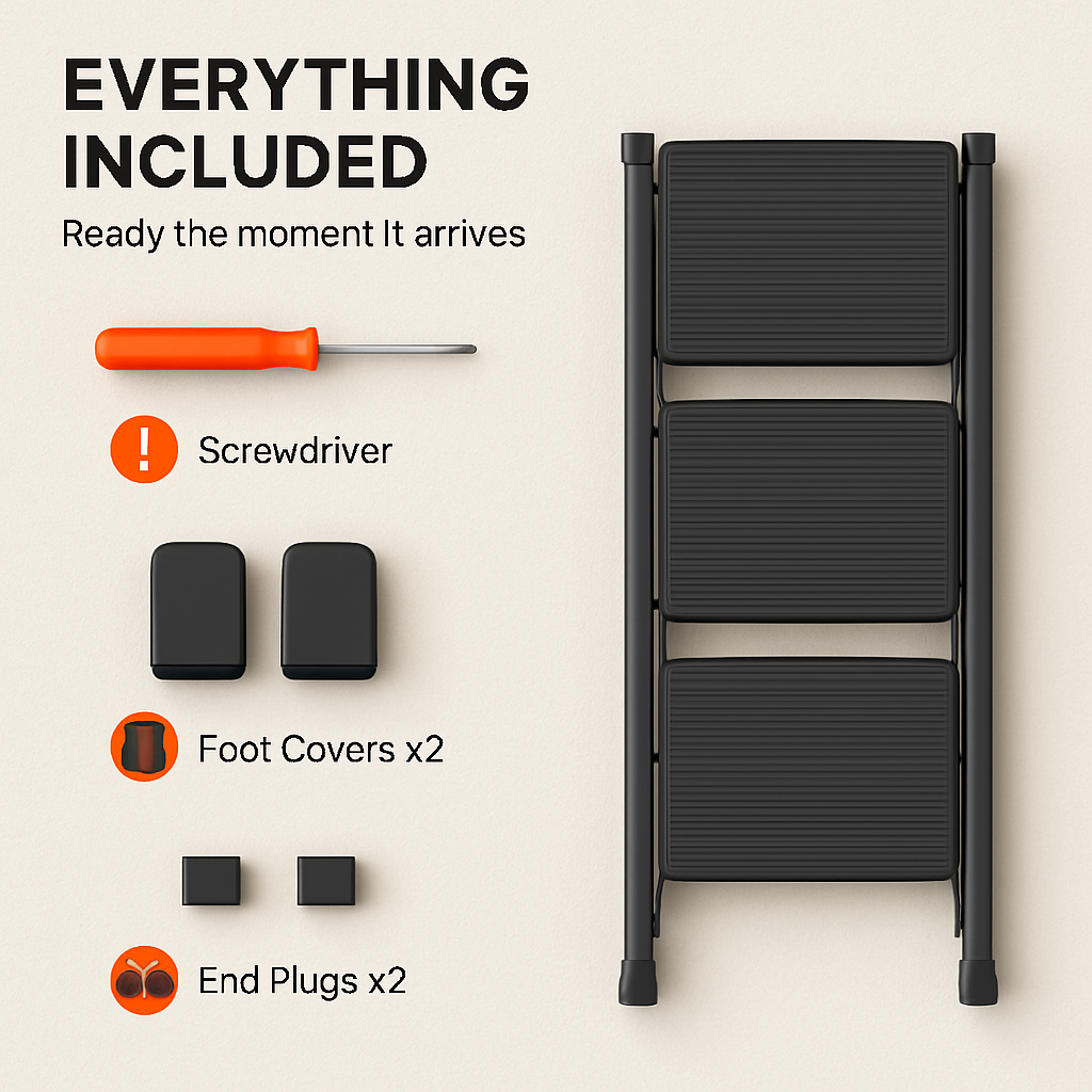 3-Step Foldable Ladder with Wide Pedals and Locking Safety