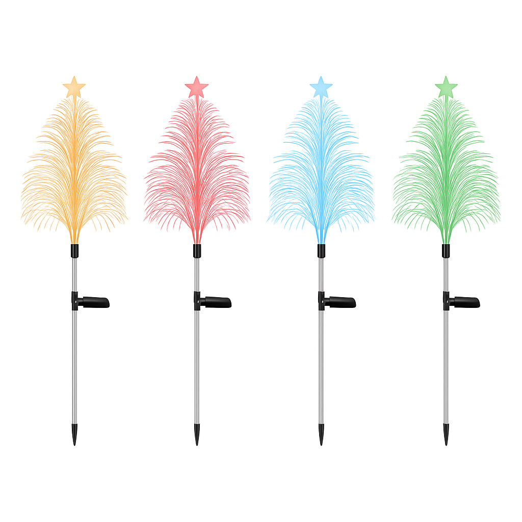 4Pack 7 Color Changing Solar Christmas Tree Lights Outdoor Optical Fiber Stake Lights Cedar Tree Lights with Topper Star IP44 Waterproof for Garden Ya